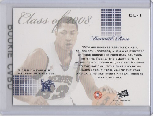 DERRICK ROSE ROOKIE CARD Memphis Tiger Basketball RC Class of 2008 CHICAGO BULLS - Picture 2 of 2