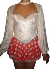 Adult M Figure Skate Dress-White-Red/White Dots-Long Puffy Sleeves-Keyhole Back