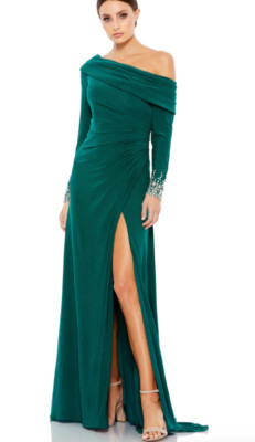 MAC DUGGAL 12231 BEADED CUFF DROP SHOULDER FAUX WRAP EMERALD GOWN  sz 16
