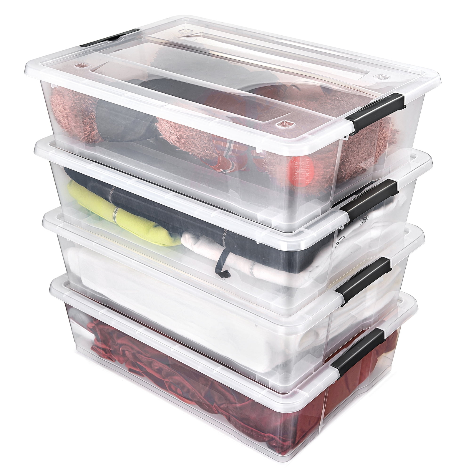 4 Pack 40qt Clear Underbed Stackable Storage Bins with Lids and Handles