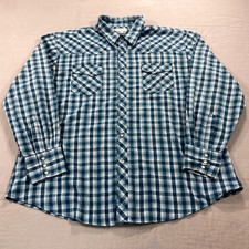 Wrangler Wrancher Shirt Mens 2XL XXL Blue Plaid Pearl Snap Western Cowboy Adult