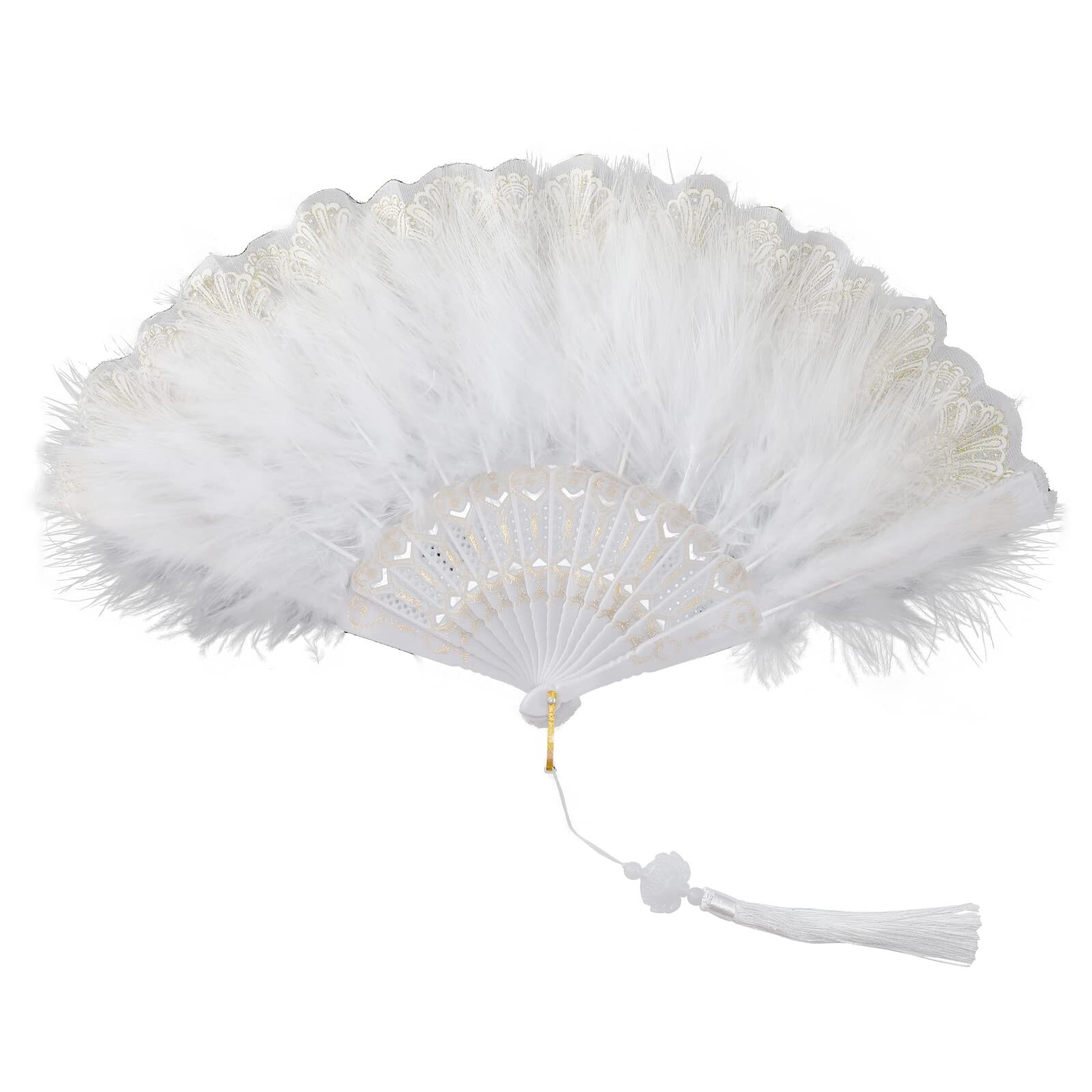 White Foldable Feather Fan Handheld Chinese Vintage Style Hand Held Folding F...