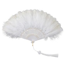 White Foldable Feather Fan Handheld Chinese Vintage Style Hand Held Folding F...