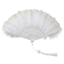 White Foldable Feather Fan Handheld Chinese Vintage Style Hand Held Folding F...