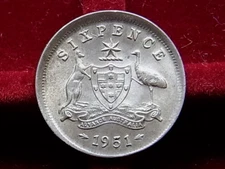 Australia. 1951 Mistruck Error 6d.  Raised rim on obverse, at top.  gEF/UNC
