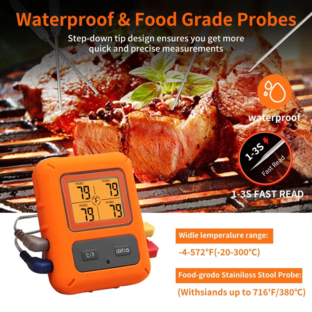 Wireless Meat Thermometer with 4 Meat Probes Remote Cooking Food Thermometer ...