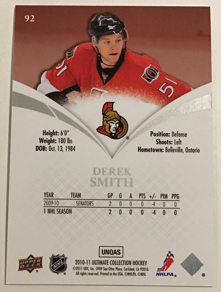 2010-11 DEREK SMITH UD ULTIMATE COLLECTION ROOKIE #92 SENATORS #342/399 - Image 2 of 2