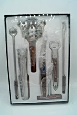 VINTAGE JAPAN STAINLESS TEAK BARWARE BAR COCKTAIL 7 PC SET NEW OLD STOCK