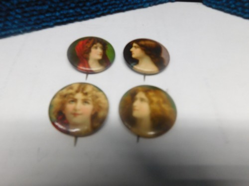 4 PICK Plug Tobacco Factory 42 NC Celluloid Pin Back Button Beautiful Ladies