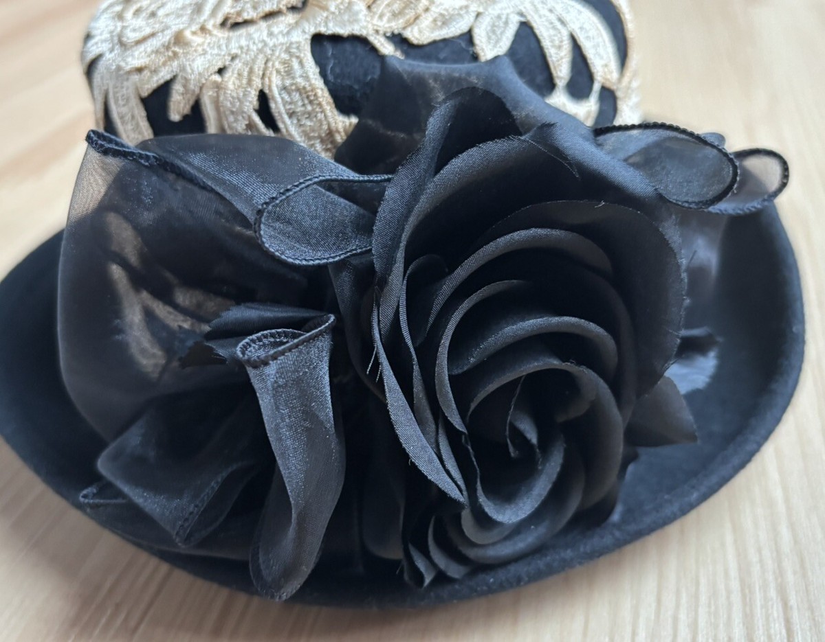 Black Felt Atelier Bowler Hat with Unique Gold Metal Floral Design Just about to leave the Atelier for the day and quickly  main image 2