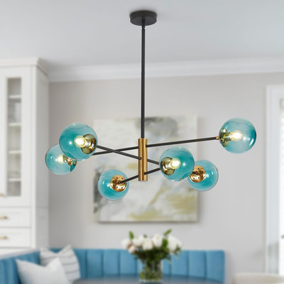 Modern 6-Light Blue Glass Sputnik Chandelier - Mid-Century Black Gold Design