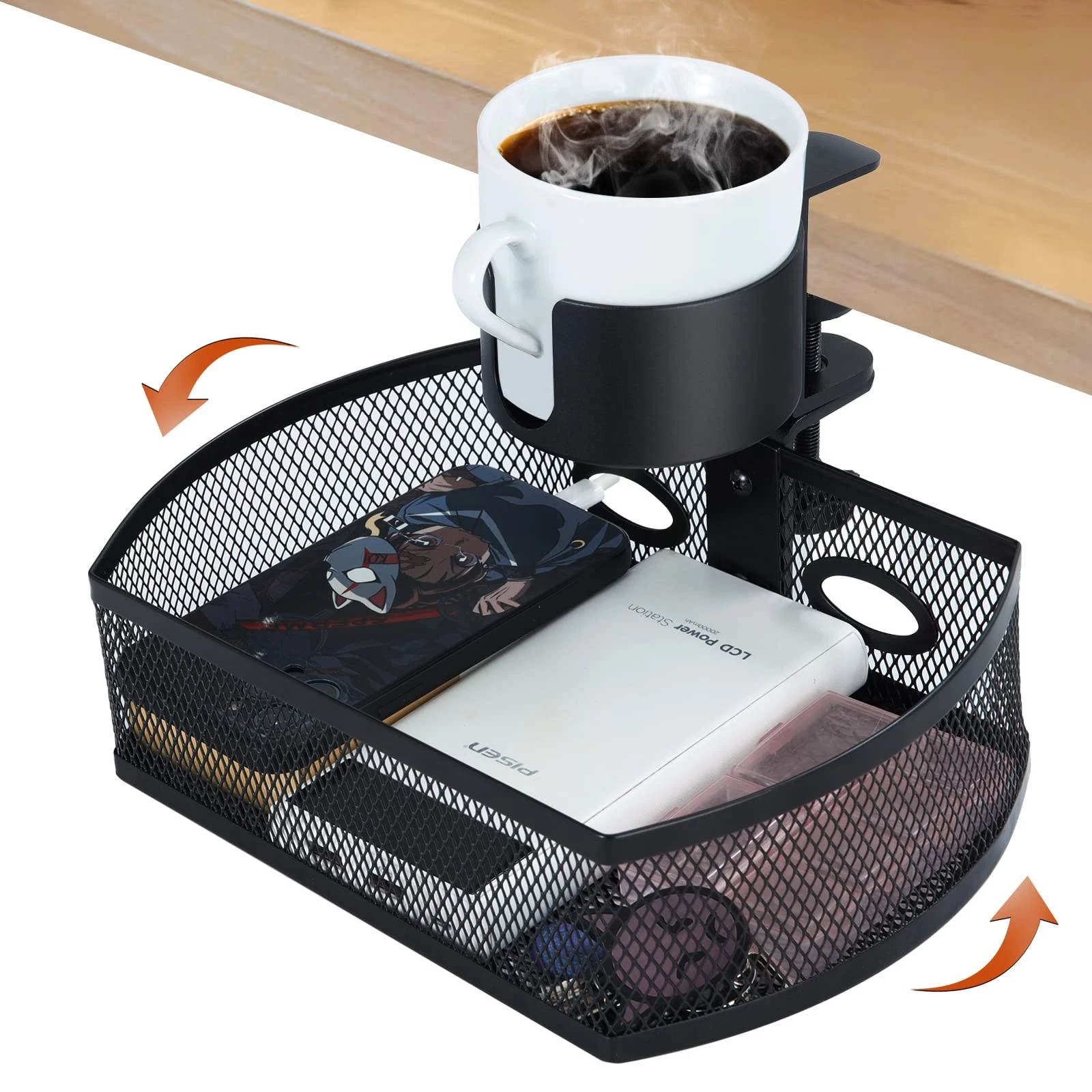 Under Desk Organizer,Cup Holder,Table Management Tray, Swivel Pencil Drawer, ...