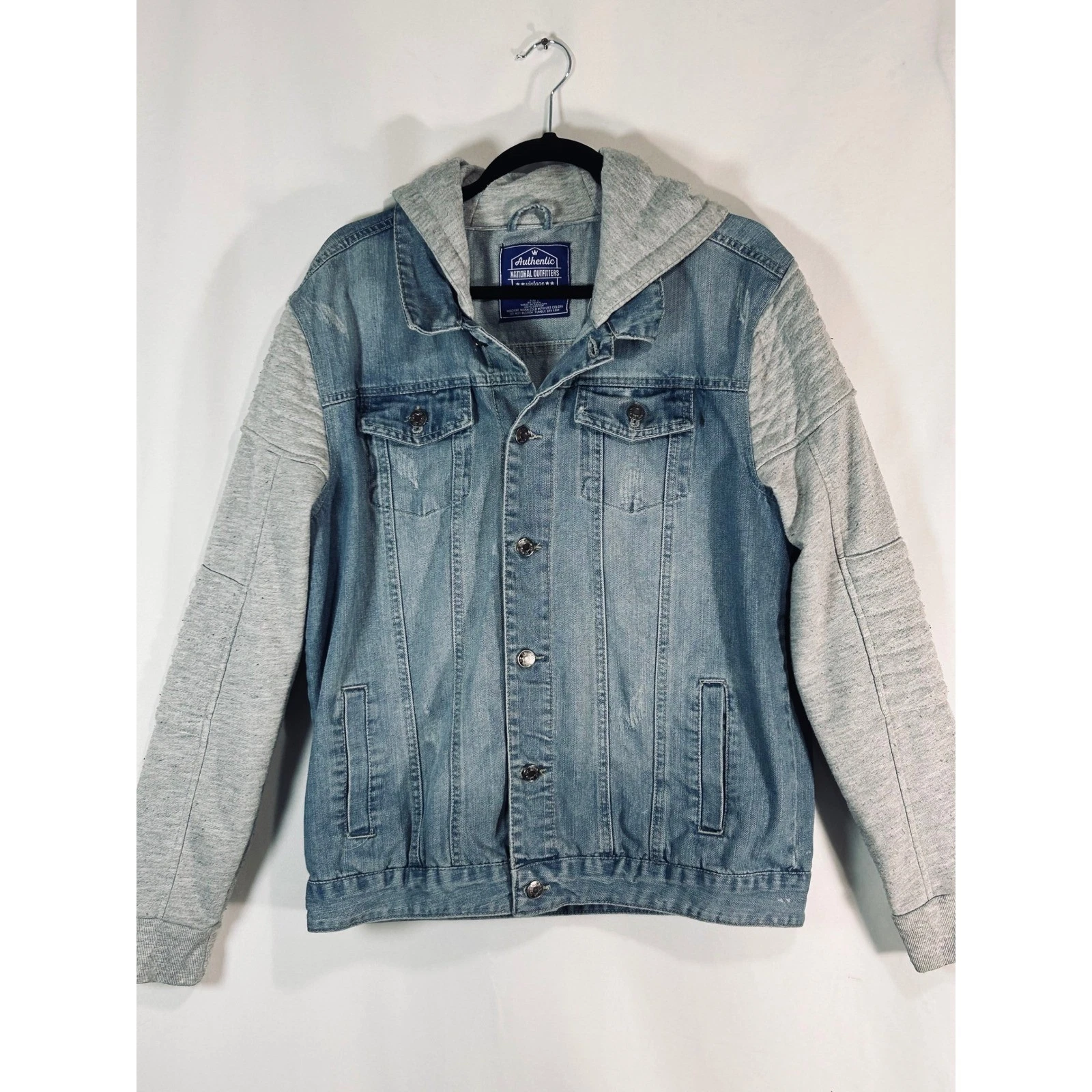 Authentic National Outfitters Mens Denim Jacket Grey Hoodie Moto Sleeves Large