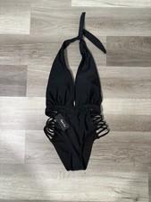 Aqua Eve Women s Black Halter One Piece Swimsuit Strappy Cutout Size Small NWT