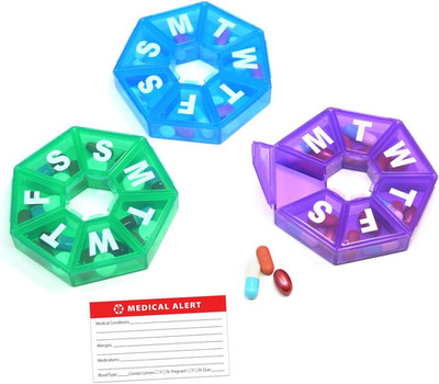 Pillthing Weekly 7 Sided Pill Organzier 3 Pack 1 Each of Blue Green Purple. Smal
