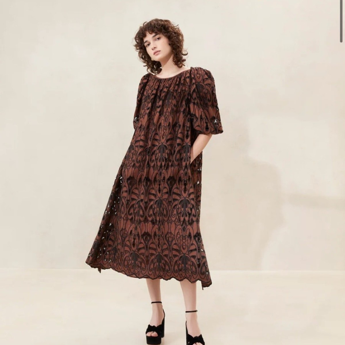 NEW LOEFFLER RANDALL Mimi Brown/ Black Oversized Puff-Sleeve Dress Medium |  eBay