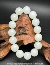 0.6" Chinese Natural Hetian White Jade Carving Bead Jewelry Hand String Bracelet