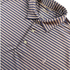 Johnnie-O Mens Striped Performance Polo Shirt Navy Blue Tan Large Stretch Golf