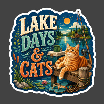 Cat Sticker Vinyl Decal Lake Days & Cats Fishing Cabin Lake Life Gift