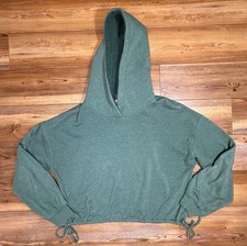 American Eagle Cropped Sherpa Lined Hoodie Womens M Green Drawstring Hem Cozy