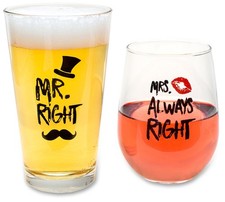 Funny Mr. Right and Mrs. Always Right Novelty Wine Glass and Beer Glass Inc...