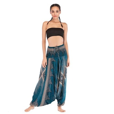 Damen Haremshose mit Blumenmuster gesmokter Bund Yoga Tanzhose