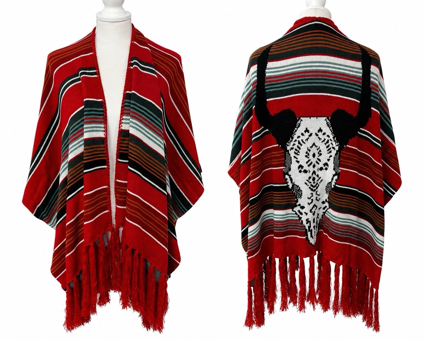 NWT Cow Skull Serape Ruana Cape Cardigan Red Western Fringe Poncho One Size Boho
Opens in a new wind