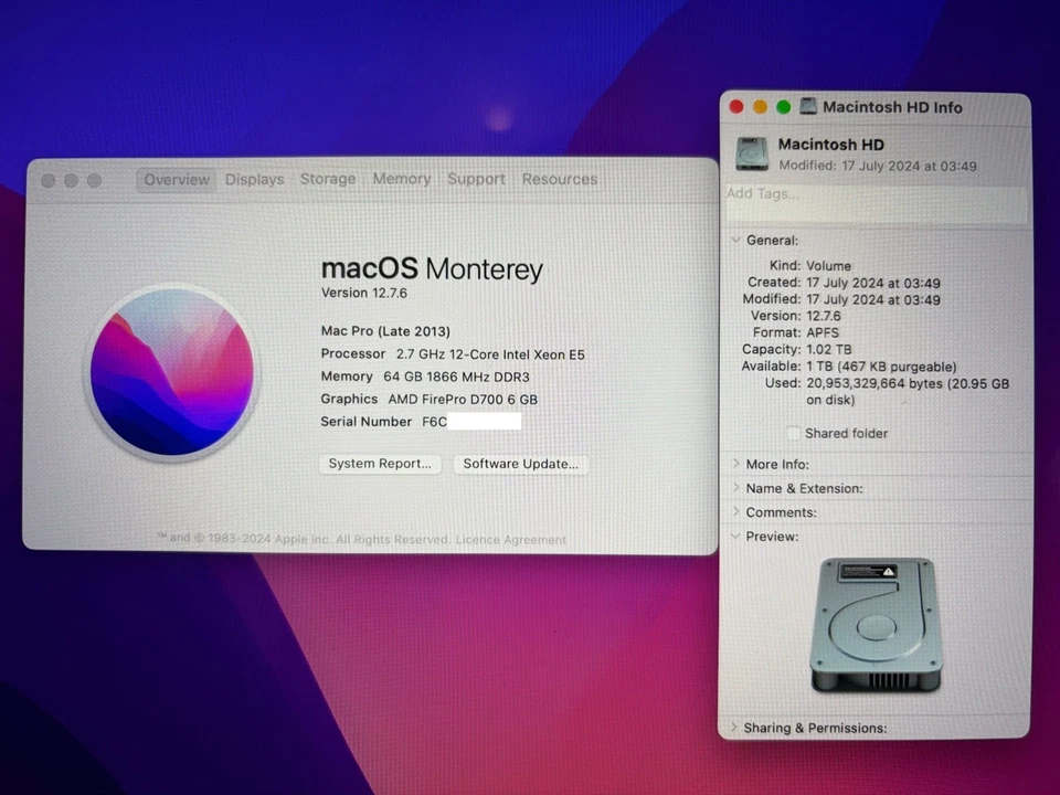 Apple Mac Pro 2013, 12-Core Xeon E5 2.7GHz, 1TB SSD, 64GB RAM, AMD FirePro D700 - Image 3 of 3