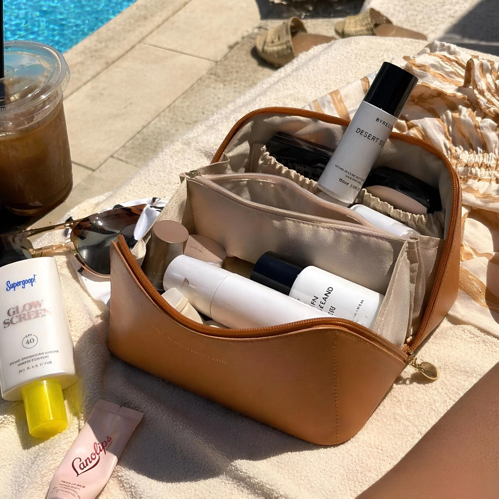 Brown PU Leather Travel Makeup Bag: Large Capacity Cosmetic Organizer