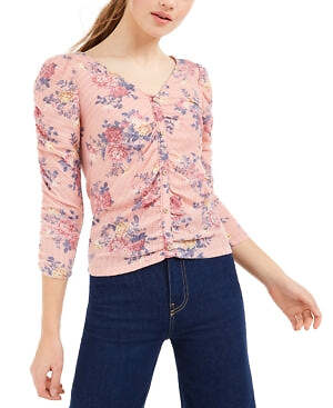 Juniors Ruched Floral Top - Size M, Rosette Multi Color - Picture 1 of 1