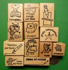 Teacher Spanish-Only Rubber Stamp Assortment of 12, Wood Mounted