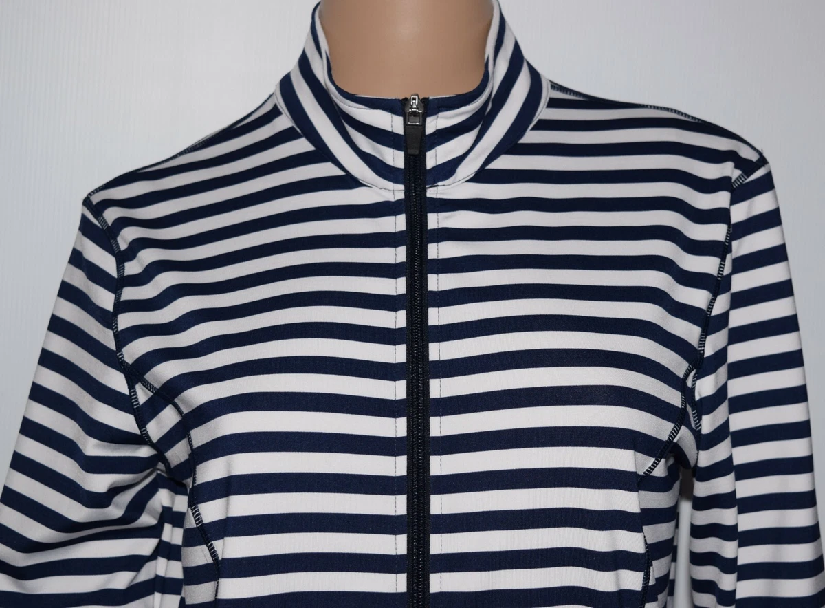 J. McLaughlin Blue White Striped Full Zip Mock Neck Jacket Size M