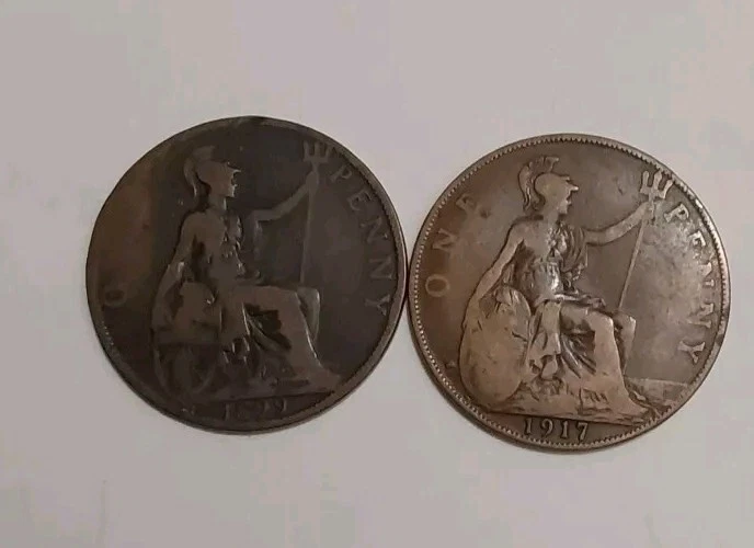 Moedas de bronze grande centavo Reino Unido grupo-1899 e 1917 rainha Vitória/George circuladas 1C - Imagem 2 de 4