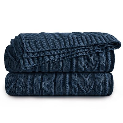 Navy Blue Cable Knit Throw Blanket Oversized 60'' x 80'' Super Soft Comfy Knitt...