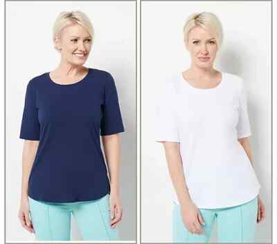 Denim& Co Essentials Set of Two Elbw Sleeve Knit Tops-Navy/White-1X-NEW-A302899