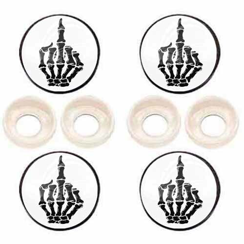 4 Black License Plate Frame Tag Screw Snap Cap Covers SKULL FINGER ON