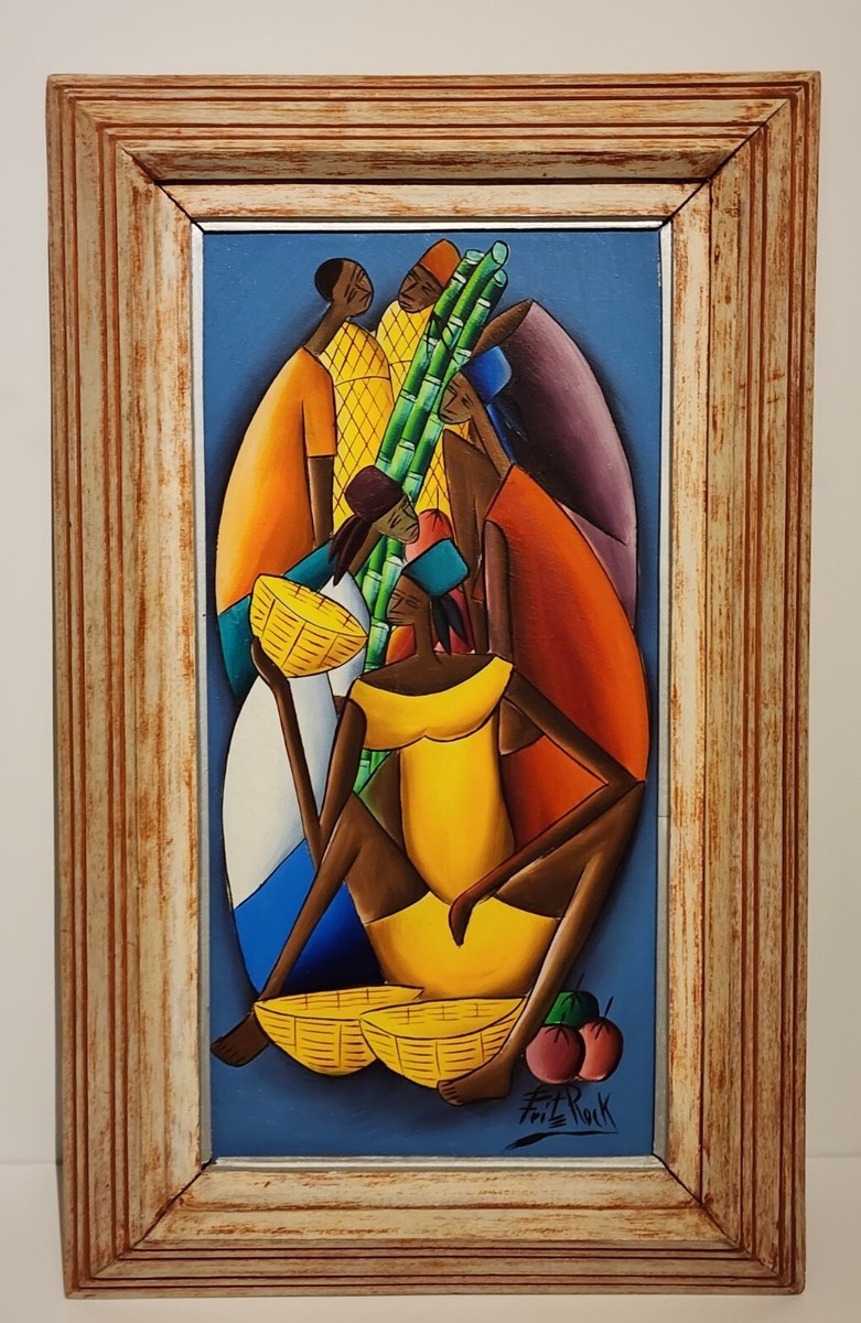 FRITZ ROCK HAITIAN ARTIST ON CANVAS WOMEN BASKET MEN BAMBOO OIL ON