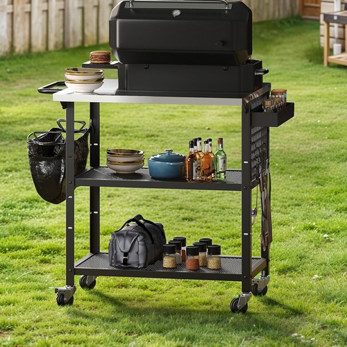 Outdoor Kitchen Cart Stainless Steel Grill Tables Flip Top 3-Tier Storage Shelf - Picture 2 of 11