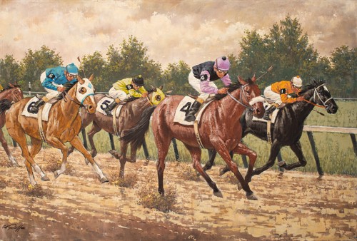 Arthur Sarnoff - Track Sloppy années 1960 course de chevaux signée - 17"x22" impression beaux-arts - Photo 1/1