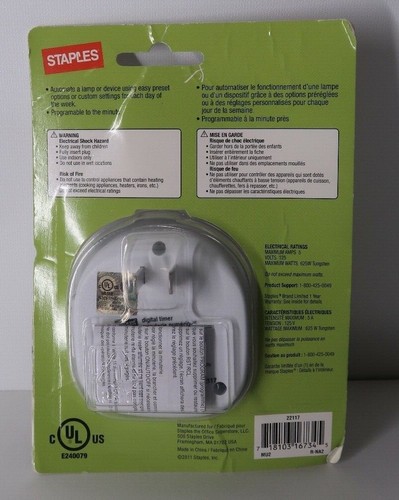 Staples 7 Day Programmable Digital Timer, Single Outlet, White, New! - Picture 2 of 2