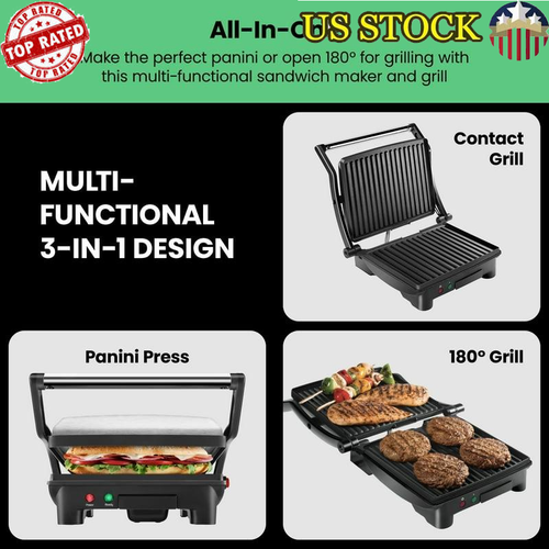 3-in-1 Panini Press & Grill 1400W-RJ02-180-4-R Non-Stick 9x9.5" Float Hinge New