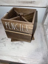 Rae Dunn PENS and PENCILS Square Swivel Wooden Holder 4.5" x 4.5 Brown