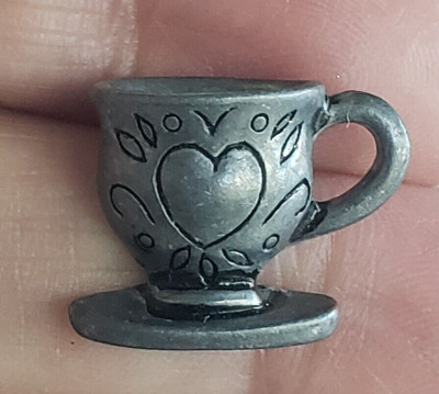 Vintage Tea Cup Heart Decorated Pewter Lapel Tie Pin 9/16''