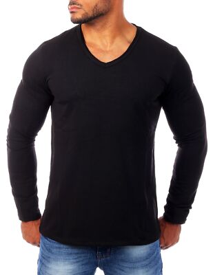 Carisma Herren Longsleeve Uni Basic langarm T-Shirt tiefer V-Ausschnitt stretch 