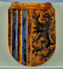 Vintage Wappen Chemnitz Holz geschnitzt Wandrelief Wandbild Deko signiert