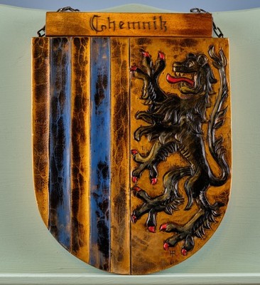 Vintage Coat of Arms Chemnitz Wood Carved Wall Plaque Mural Decor Signed