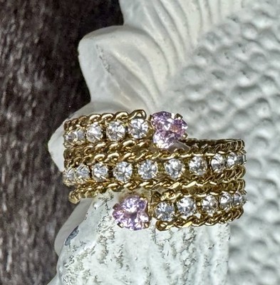 JBloom Ring with Pink Hearts and Rhinestone Band Size 6 with Stretch Ring
