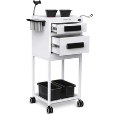 TASALON White Salon Rolling Trolley Cart with 2 Tier Lockable Drawer Hair Cart