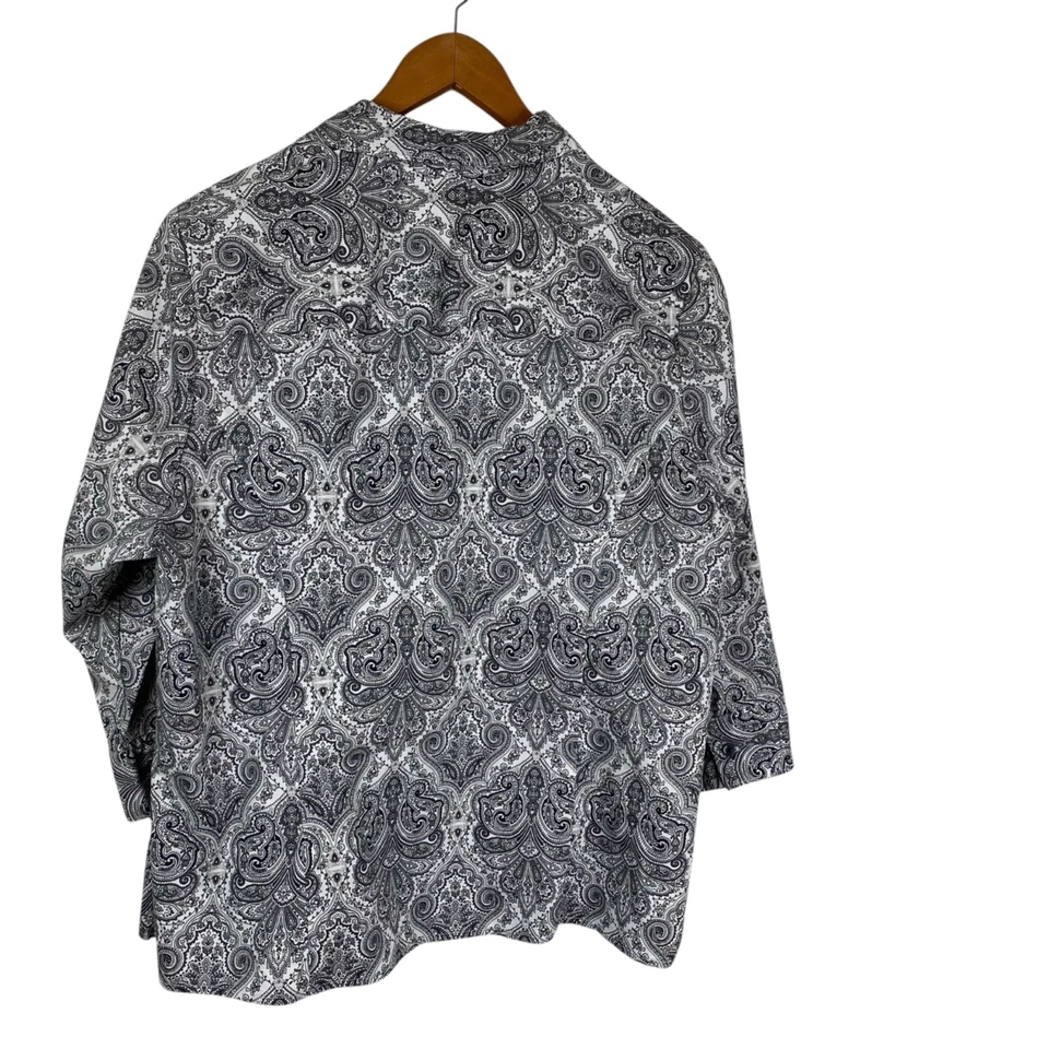 Basic Editions Womens Button Up 3/4 Sleeves Paisley Career Top Black White Sz 1X - Image 2 of 4