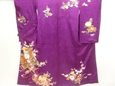 37298# JAPANESE KIMONO / ANTIQUE KIMONO / SILK / EMBROIDERY / MON KINSHA / FLORA